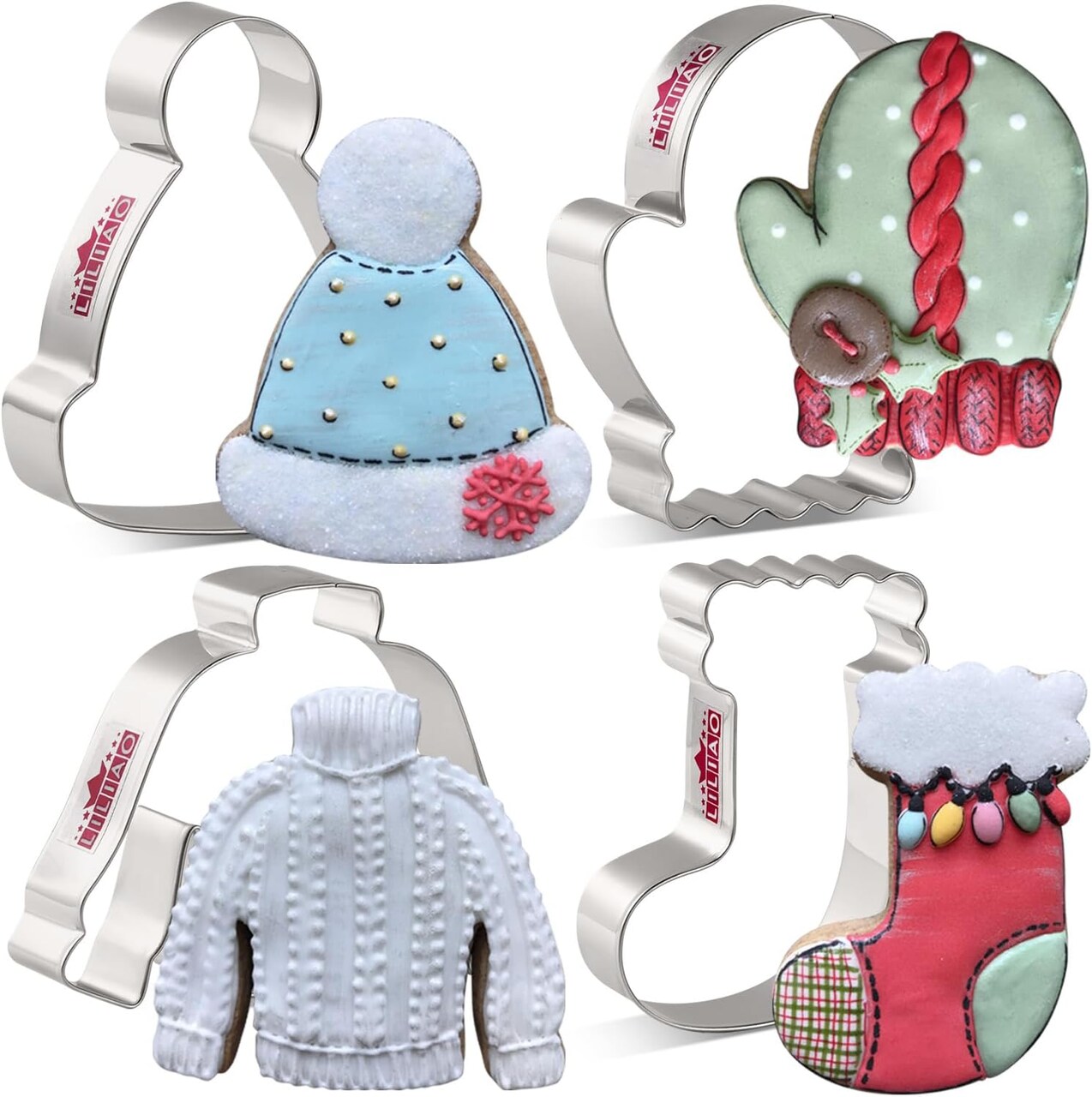 Winter Holiday Christmas Cookie Cutter Set - 4 Piece - Ugly Sweater, Stocking, Hat and Mitten Fondant Biscuit Cutters - Stainless Steel 6 x 6 x 1 inches